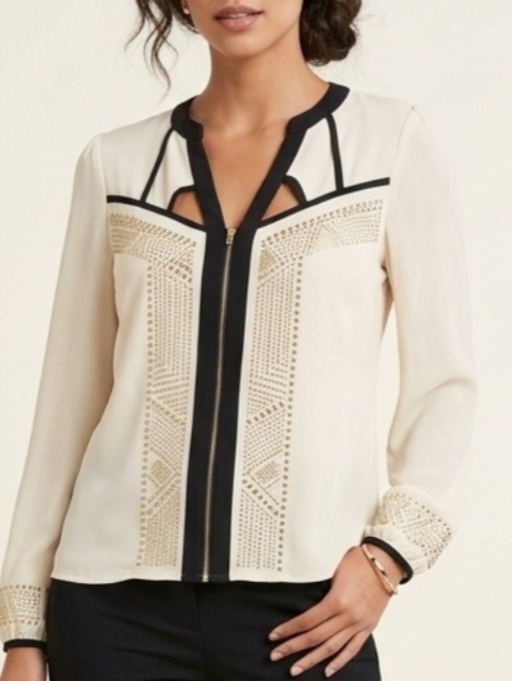 VENUS Cream Blouse with Black Trim and Gold Accents